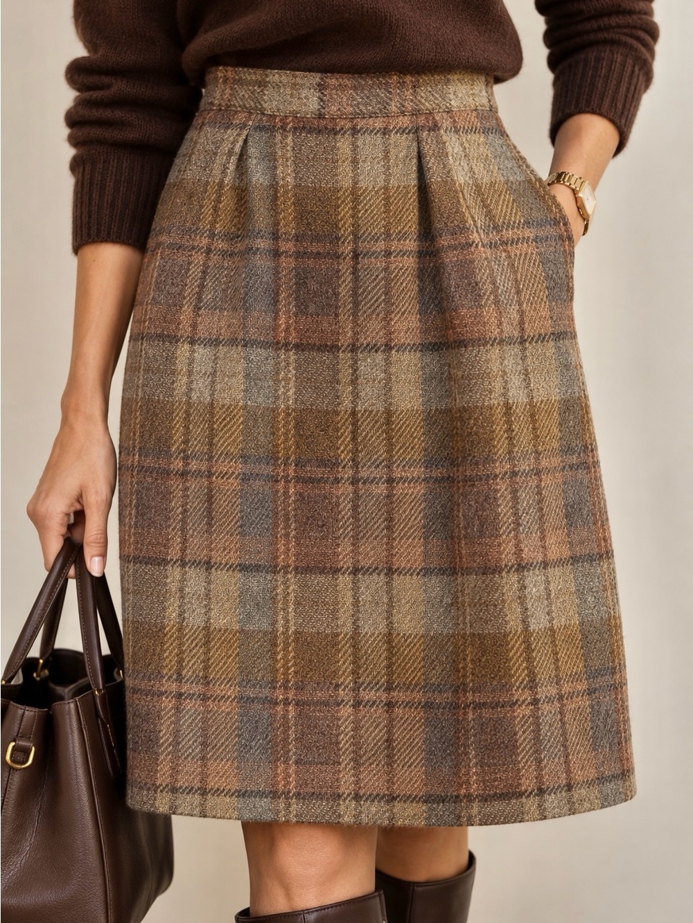 Plaid 100% Wool  A-Line Skirt in Brown